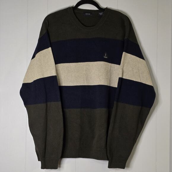 Izod Pullover Sweater Men's Size XL Navy Beige Army Green Stripes Grandpacore - Picture 1 of 5